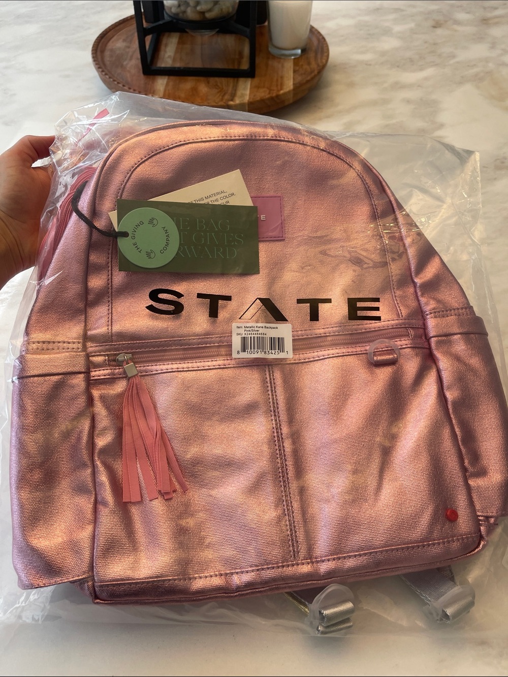 STATE Metallic Rose Pink Backpack with Tassel